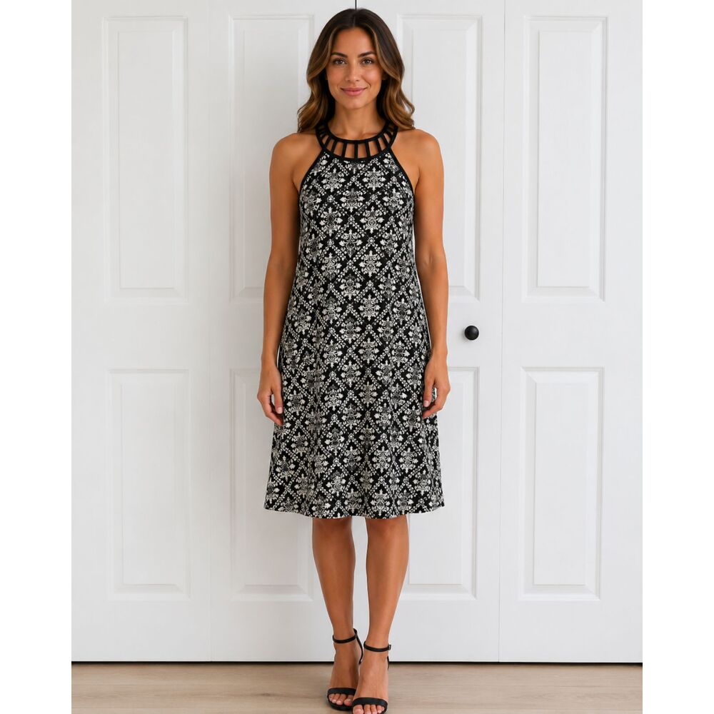 Monteau Black White Damask Halter Dress L Cage Neck Sleeveless Shift Boho